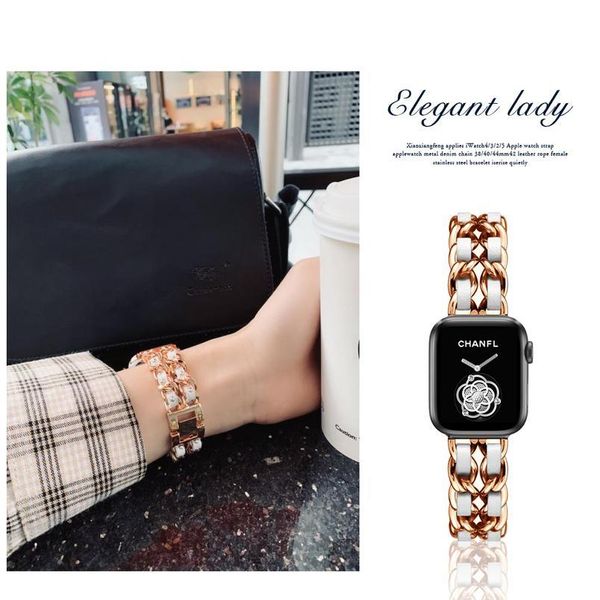 

band for watch 5 4 40mm 44mm watchband stainless steel chain with leather bracelet strap for iwatch series jlllat, Black;brown