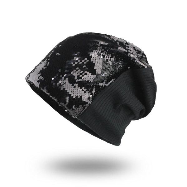 

flb] женский beanie bonnet осень зима caps хип-хоп cap деформированные блестки шляпы для женщин шапочка балаклава женской skullies f163 sqc, Black;white