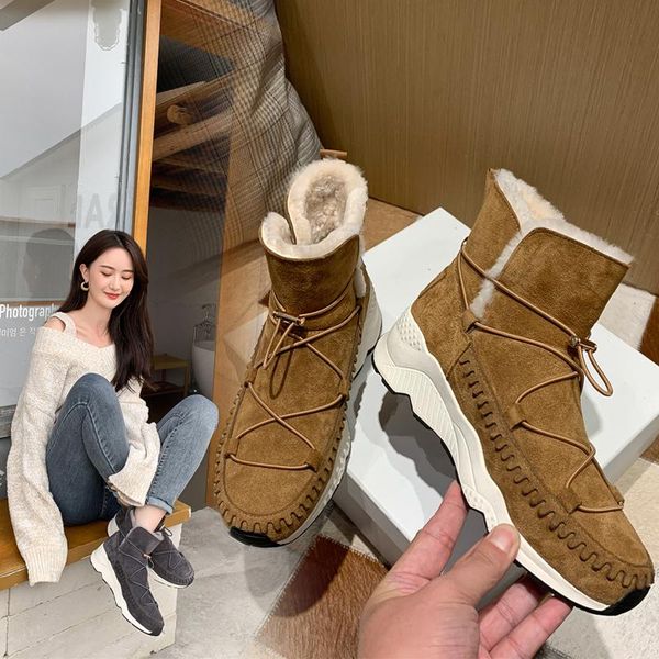 

2021 новое прибытие моды snow boots удобная плоский каблук круглый toe зимние ботинки высокого качества коровы замши лодыжки, Black