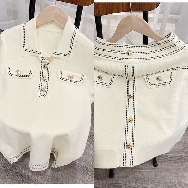 

home spring and summer 2020 new bright line color pantspants and trousers contrast small fragrance polo collar knitted short sleeve top, Gray