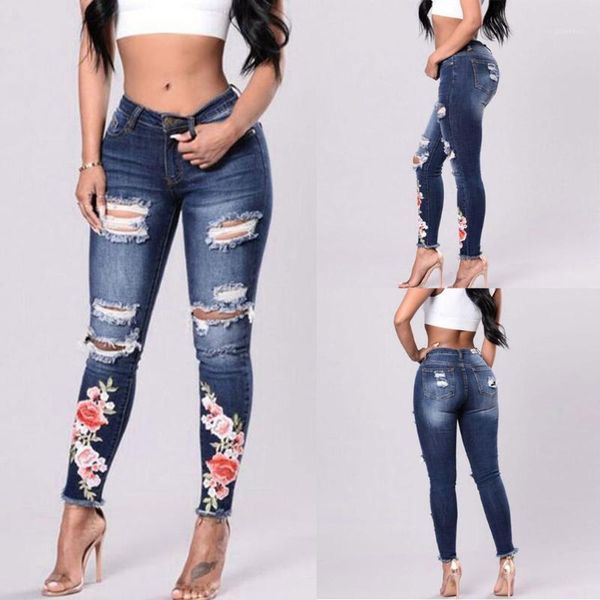 

fashion jeans woman lady high waist skinny hole denim stretch slim pant calf embroidery length jeans vaqueros mujer#guahao1, Blue