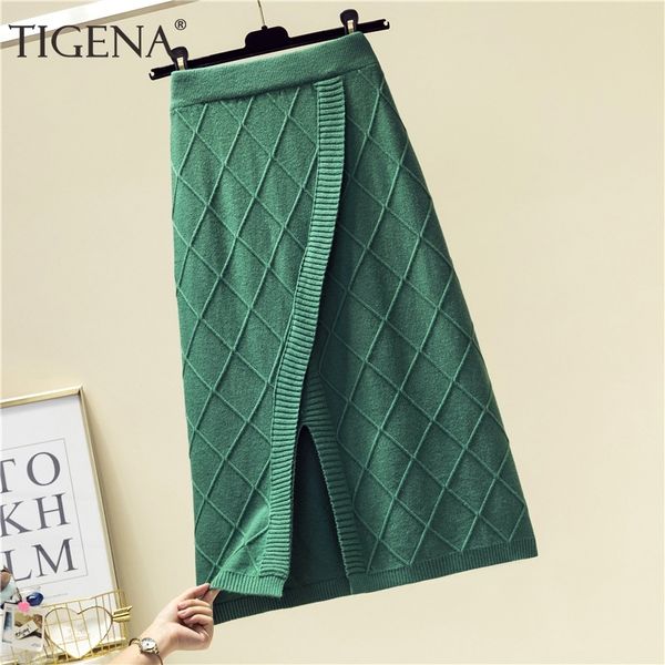 

tigena fashion split knitted midi skirt women autumn winter korean warm a-line high waist knee length skirt female ladies y200326, Black