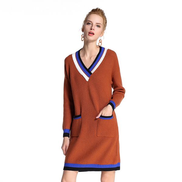 

2020 spring new sweater women's color contrast medium length v-neck knitted dress