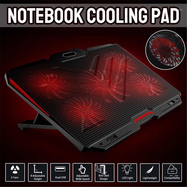 

lapcooling pads portable gaming cooler 5 fan 2 usb port 2400rpm height adjustable pad notebook stand for 17 inch1