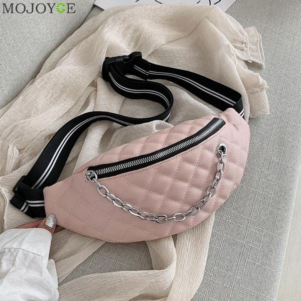 

fashion lattice pattern chain waist bag women pu leather solid color zipper fanny shoulder chest belt pouch