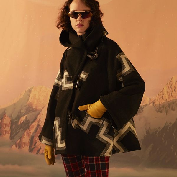 

geometric print black hooded blends cape coat women vintage elegant winter outerwear 2020 atuumn new design loose flare sleeve t200814