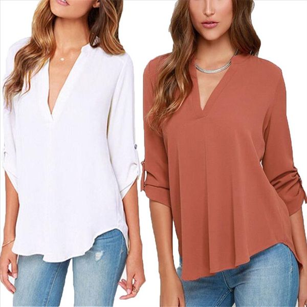 

blusas femininas new women v neck solid chiffon blouse fashion ol long sleeve shirt blouses 6 colors, White