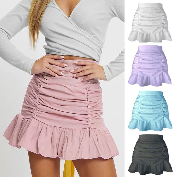 

skirts women fashion high waist ruched skirt stylish ruffled hem solid color for ladies 2021, Black
