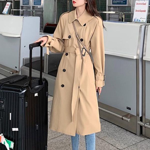 

women's trench coats windbreaker 2021 mid-length coat british style over-the-knee temperament fashionable outerwear women's trend1, Tan;black