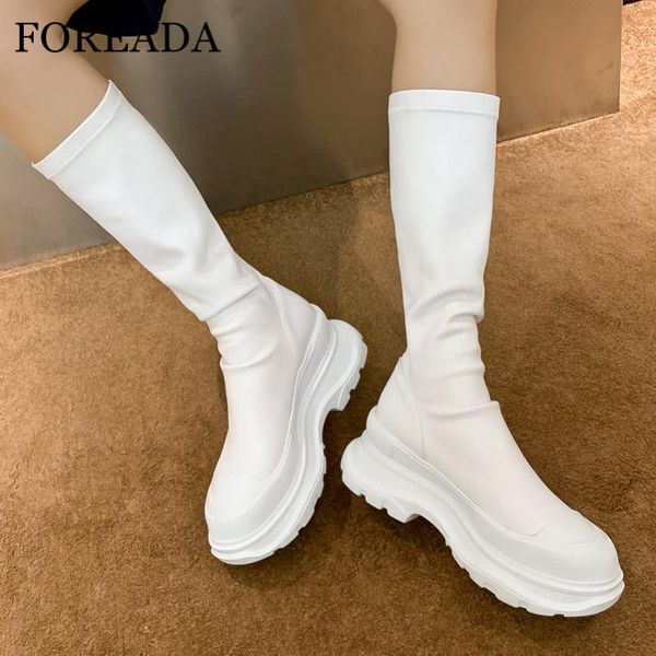 Stivali FOREADA Scarpe da donna in vera pelle naturale con piattaforma piatta al ginocchio e punta arrotondata, scarpe lunghe da donna sottili bianche 40