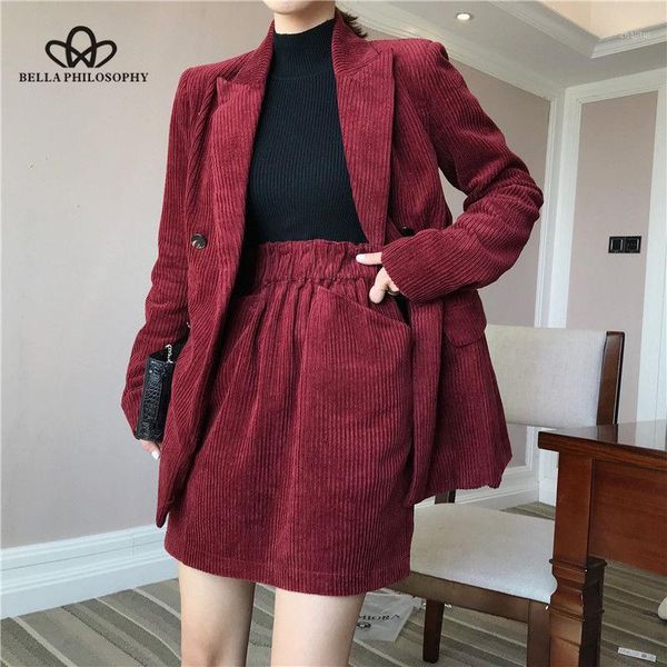 

herstory 2021 autumn solid women elegant corduroy blazer notch collar jacket female wine red double breasted coats1, White;black