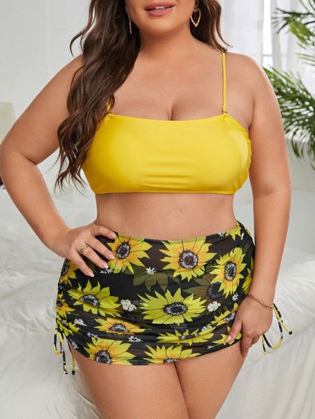 

plus floral high waisted bikini swimsuit with beach skirt o7ux#, Black