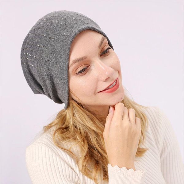 

women's winter hats knitted wool skullies casual hat with beads luxury drill cotton warm cap solid color ski gorros cap, Blue;gray
