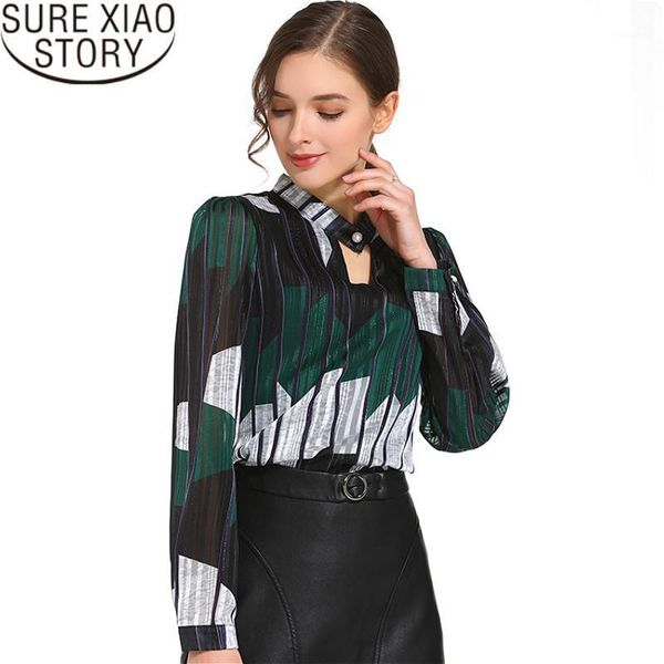 

2019 fashion print chiffon blouse women shirt long sleeve plus size women stripe ol blouse women's clothing blusas 0092 301, White