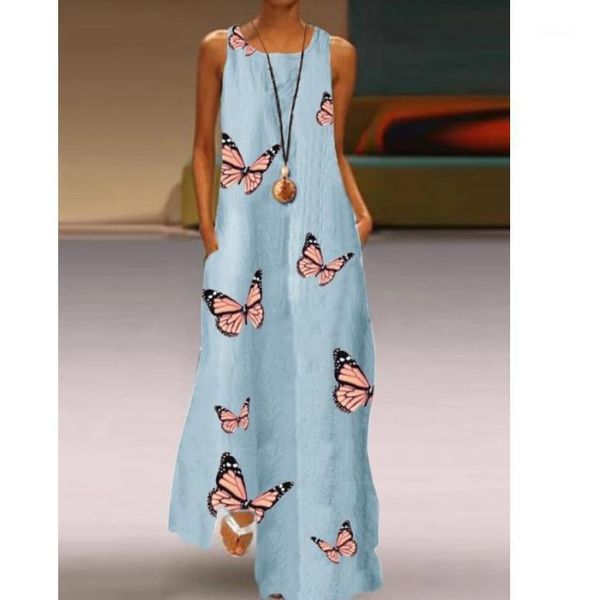 

2021 women's butterfly flower printed dress summer famale loose vestidos plus size dress1, Black;gray