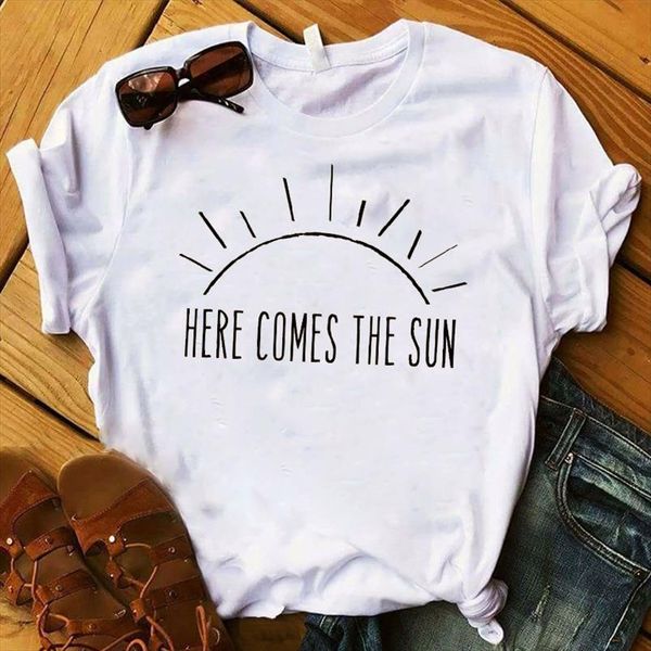 

women lady t shirt here come the sun printed tshirt ladies short sleeve tee shirt women female clothes graphic t shirt, White
