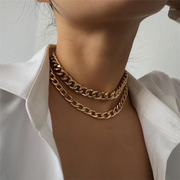 

2pcs/lot punk cuban chain choker necklace hip hop style double layer chunky collar necklace for women jewelry accessory gift1, Golden;silver