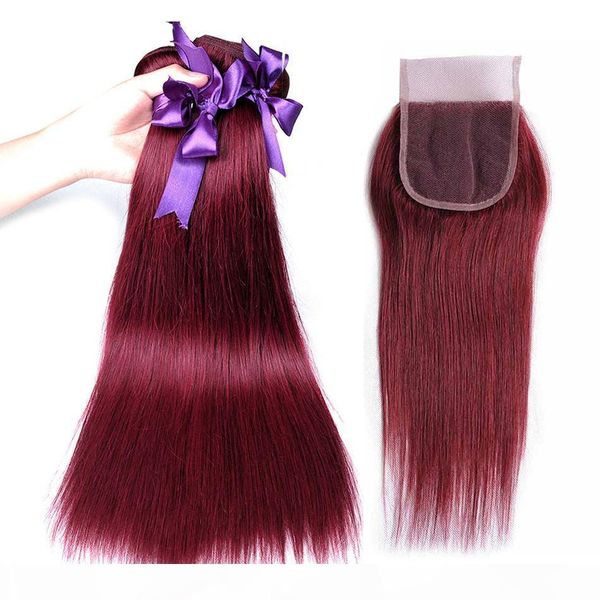 

brazilian virgin hair with closure part human hair extensions straight red 3 or 4 bundles with lace closure, Black;brown