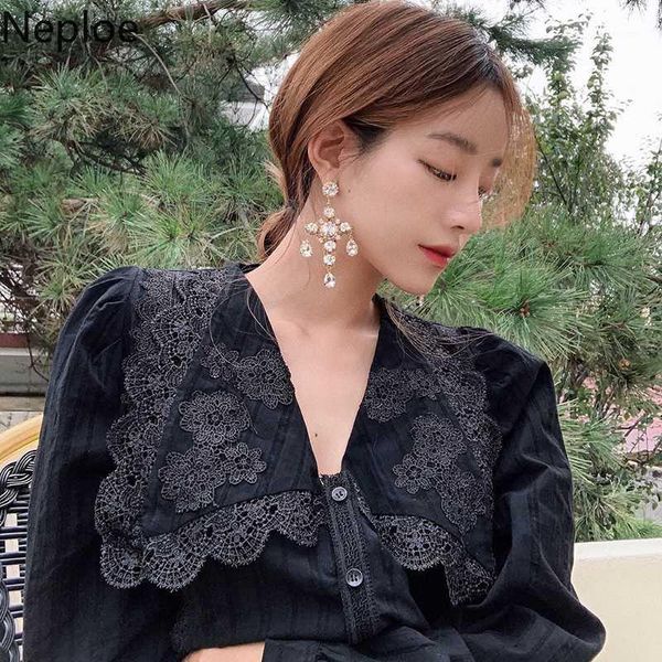 

neploe vintage lace women elegant black blouse long sleeve v neck ruffles spring korean fashion shirt female blusas 1a4071, White