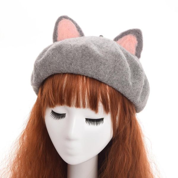 

handmade pink cute beret women cat ear hat woolen beanie cap 201026, Blue;gray
