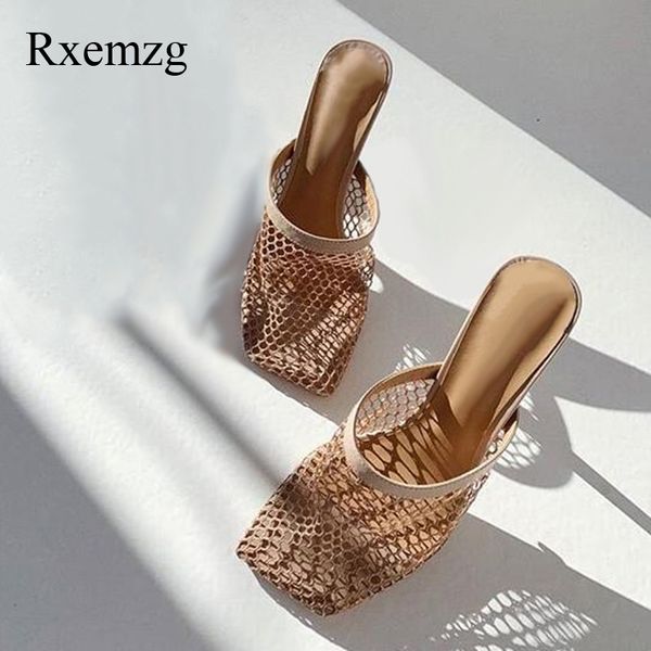 

rxemzg summer vintage square toe woman slippers new hollow breathable mesh woman thin high heels sandal mules ladies shoes x1020, Black