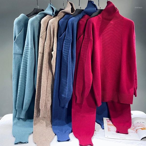 

new 2021 fashion ladies knitted tracksuit turtleneck sweater + soft cozy wide leg pants 2 piece set t0761, White;black