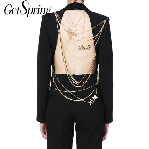 

getspring women blazer backless hollow out ladies black blazer coat single button long sleeve metal chain women's suit jacket1, White;black