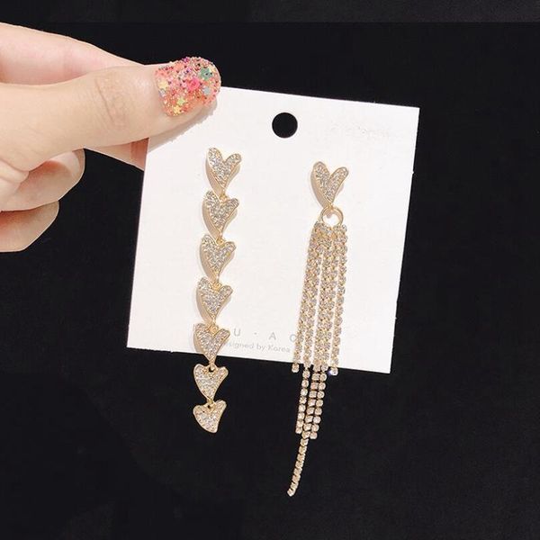 

korean girl heart-shaped asymmetric earrings simple wild rhinestone pearl chain earrings jewelry oorbellen long brincos, Silver