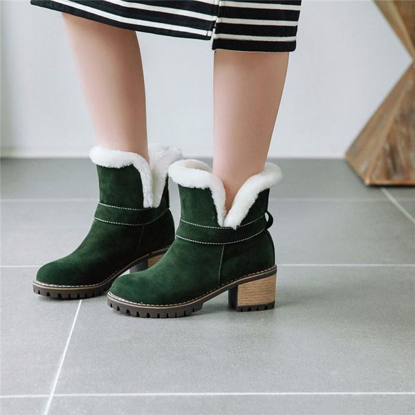 

boots ymechic fashion 2021 slip on warm plush snow women block high heel shoes green black flock beige ladies ankle bootie