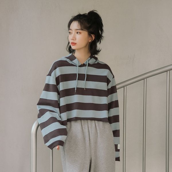 

ins women fashion autumn winter 2020 new korean solid color loose stripe hooded short casual sweater sweater long sleeve vbj07 vbj07, Black