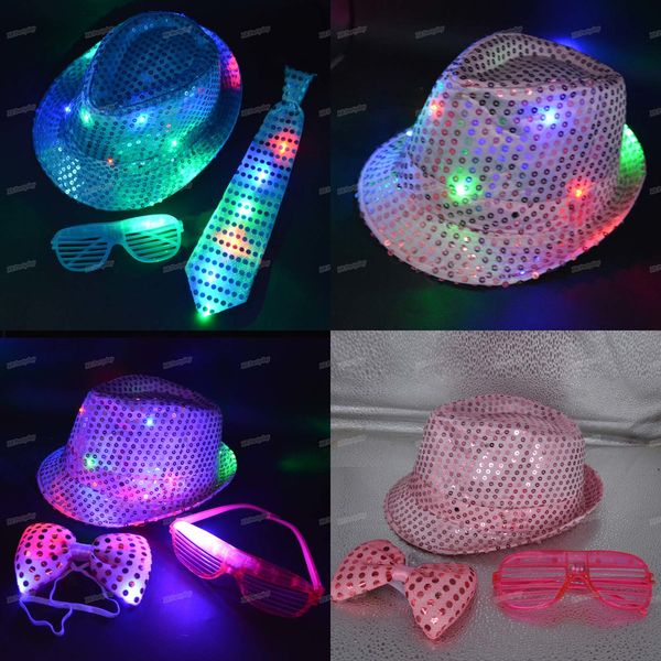 

kids fedora led flashing sequins light jazz cap hip hop hat eye glasses wear tie glowing party home decor