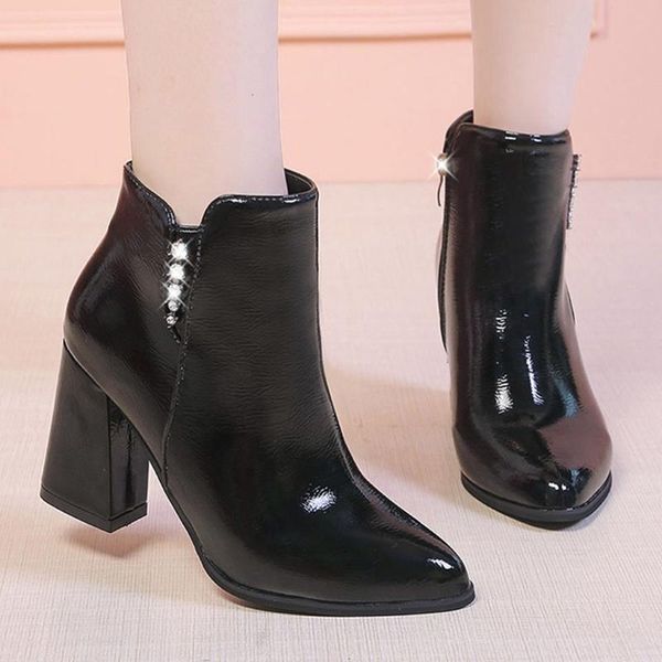 

мода женщины bootkle boots квадратные корневые каблуки молния сплошной цвет короткие пинетки сексуальные дамы заостренные ножные обувь женщи, Black