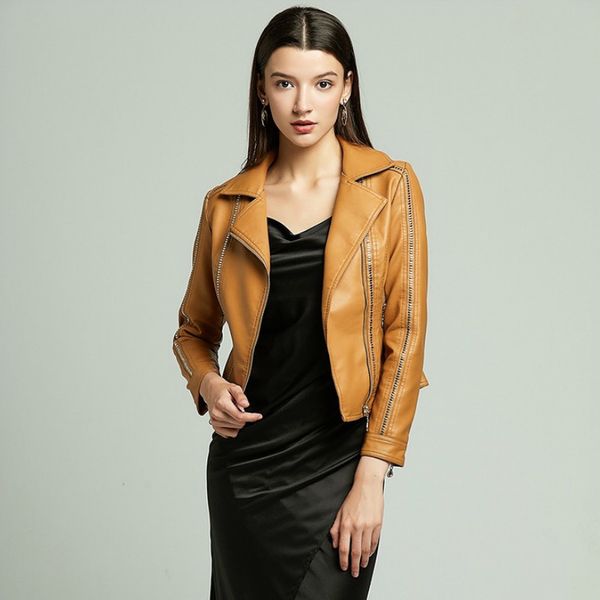 

women leather jacket rivet diagonal zipper leather short slim female coat female motorcycle clothing jacket winter autumn 201030, Black