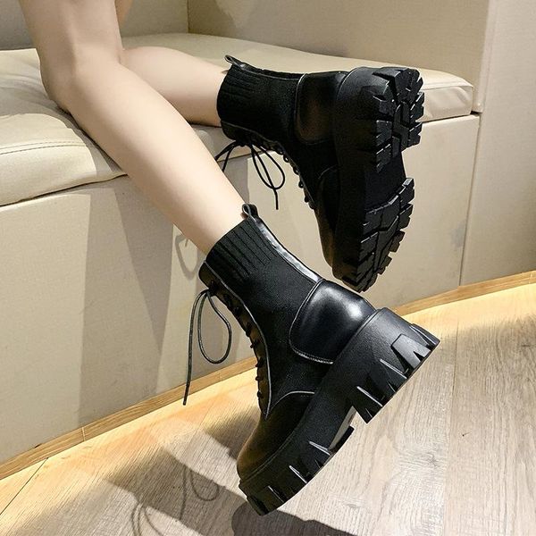 

autumn thi bottomed platform slanted heel knitted shoes mouth boots motorcycle japanese-st lady -40, Black