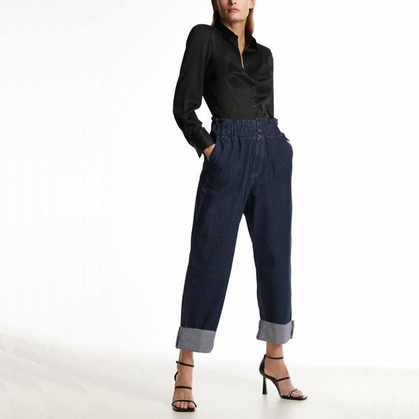 

women's jeans spring and autumn casual solid color high waist loose, Blue