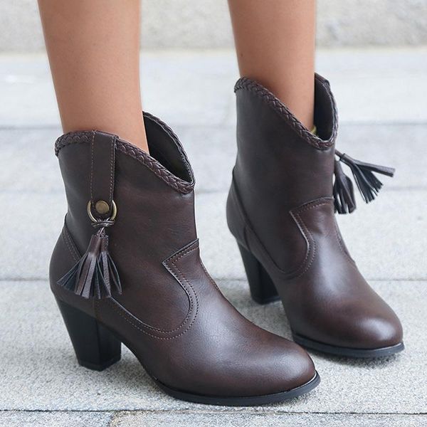 

women autumn shoes vintage tassel slip on high heels female ankle boots 2020 pu leather fashion retro ladies short footwear new, Black