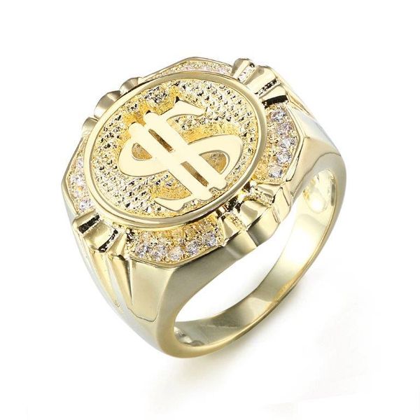 

european and american new punk dollar symbol ring customized wholesale 925 silver fashion personalized hip hop ring jewelry, Golden;silver