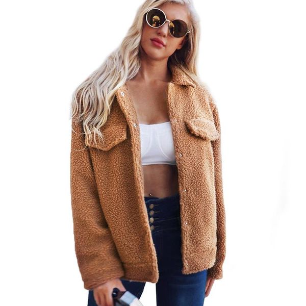 

women's fur & faux women winter warm coat lambswool plush jacket casual short button design, Black