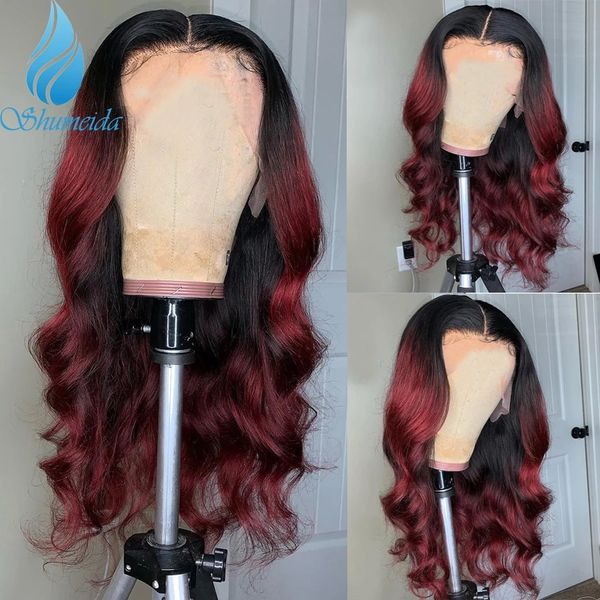 

long middle part ombre red 13*4 brazilian full lace front wig body wave synthetic wigs with baby hair preplucked hairline, Black;brown