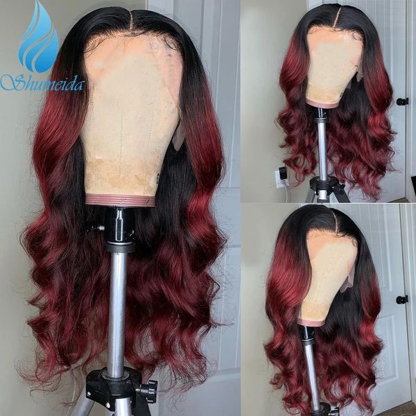 Long Middle Part Ombre Vermelho 13 * 4 Brasileira Rendas Frontais Completa Peruca Computada Perucas Sintéticas Com Cabelo De Bebê Prepluck Lone