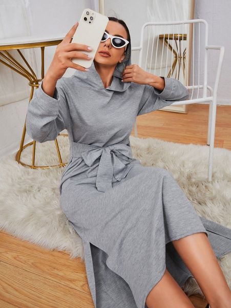 

drop shoulder knot front split hem hoodie dress j5hg#, White;black