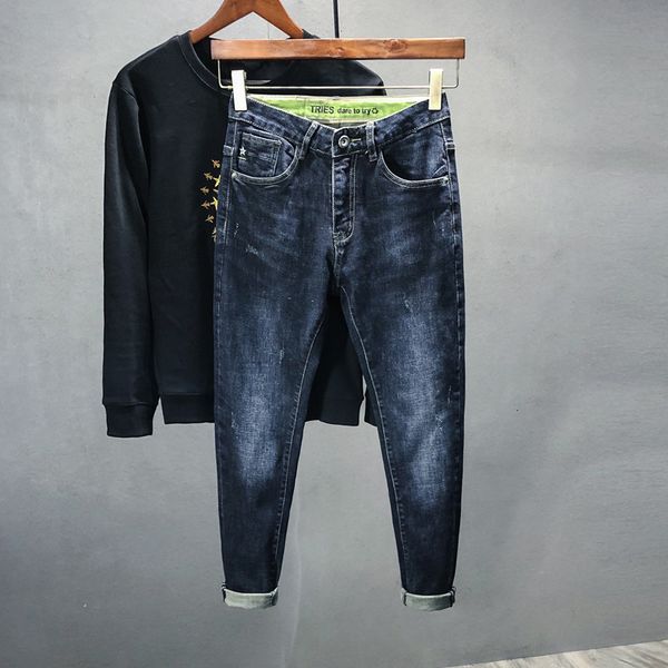 

autumn and winter 2020 monsoon fashion versatile contrast worn out washed men's slim jeans, Blue