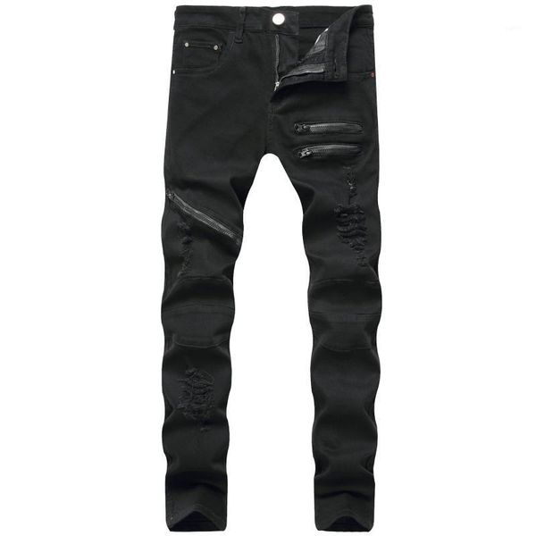 

2020 ripped jeans fashion wild solid color slim close-fitting casual hole pants trousers with zipper for daily1, Blue