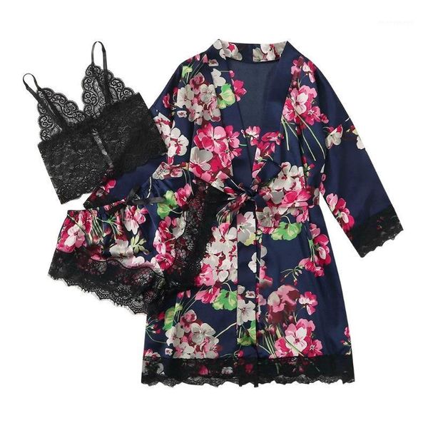 

satin silk robe sets women kimono bathrobe lace printed lingerie women camisole underwear sleepwear robes with belt 3pcs suits1, Black;red