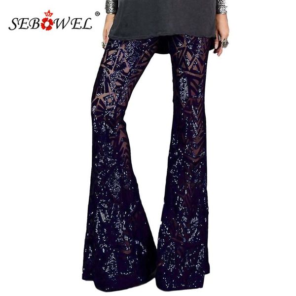 

sebowel woman's sequins sheer mesh bell bottoms pants unlined female party elastic loose glitter flares pants black/pink s-xl, Black;white