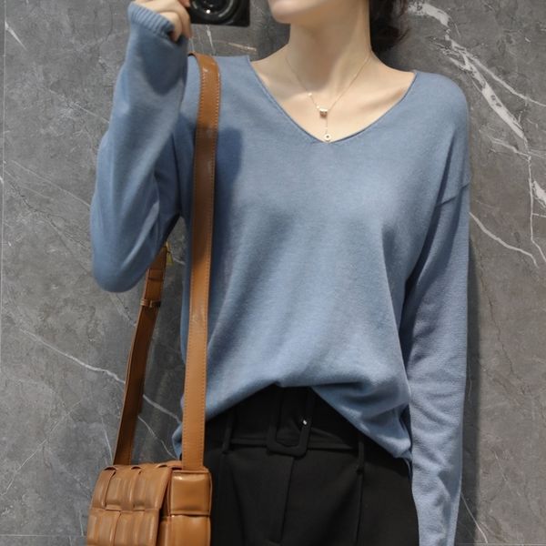 

new arrival autumn women's v-neck sweater long sleeve pullovers loose soft knitted sweaters spring thin bottoming shirt 201111, White;black