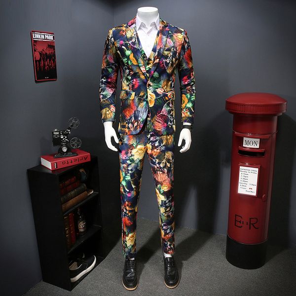 

2020 suit 3-piece men's night singing club stage attire homme tuxedo fashion new spring flower print thin fit dress suits for men uicc, White;black