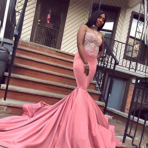 

2022 black girls mermaid prom dresses long sheer bust pink formal evening gowns high neck lace cocktail party