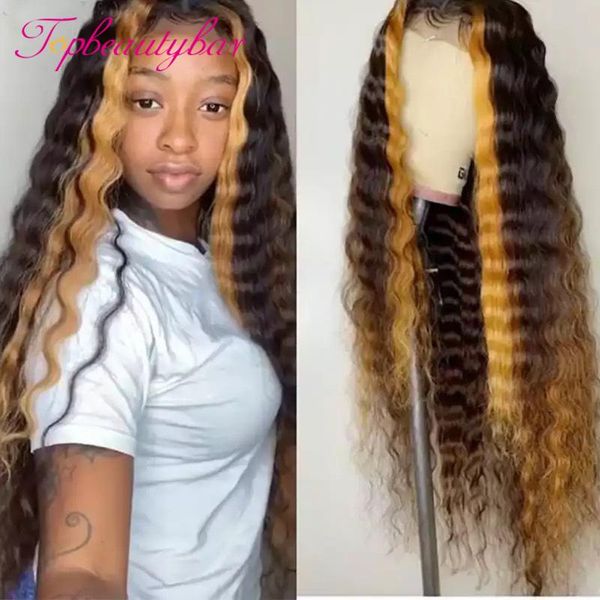 

lace wigs blond highlight 13x6x1 front human hair with baby honey blonde brazilian deep wave remy, Black;brown