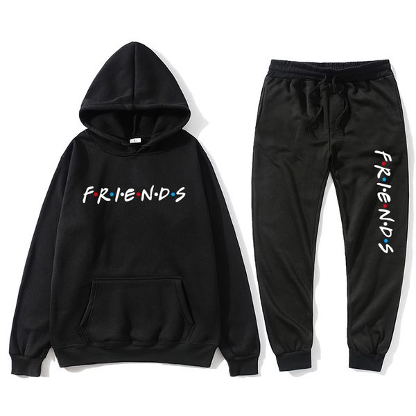 

2021 new friends hoodie harajuku letter print pocket warm thick men's pullover + hip hop jogging pants loose sweatshirt set hqw3, Black